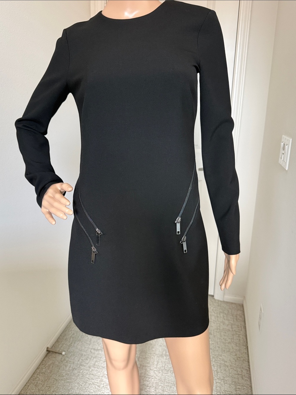 ZARA Classic Black Long-Sleeve Mini Dress with Zip Accents